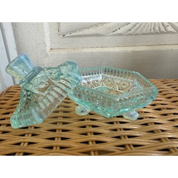 Vintage 50's Fenton Glass Hobstar Blue Opalescent Hexagon Footed Trinket Box - Picture 5 of 9